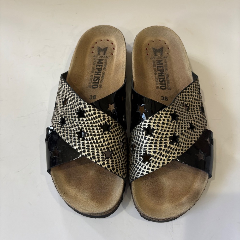 Mephisto Nanou Star Sandals Womens 38 Gold Black Snake Patent Leather Slides